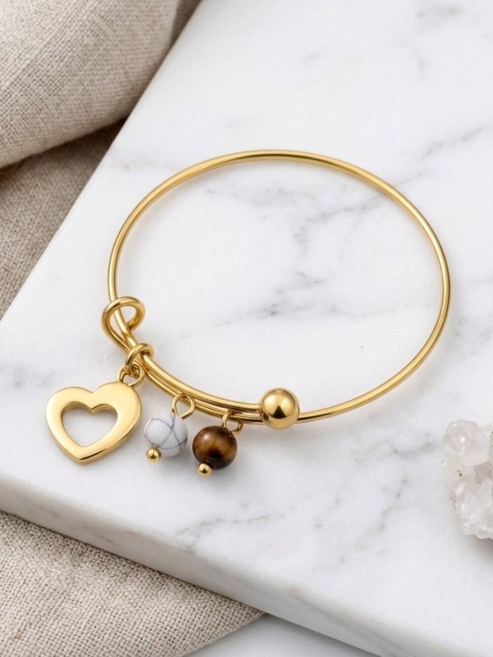 Boho Coquette 18K Gold Bangle Heart Tiger Eye Charm Bracelet Natural Stone